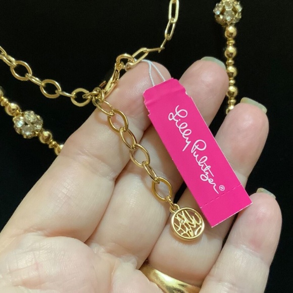 Lilly Pulitzer NWT CRYSTAL GOLD LINK TASSEL NECKLACE⭐️STUNNING NEW + Lilly POUCH - Picture 7 of 16